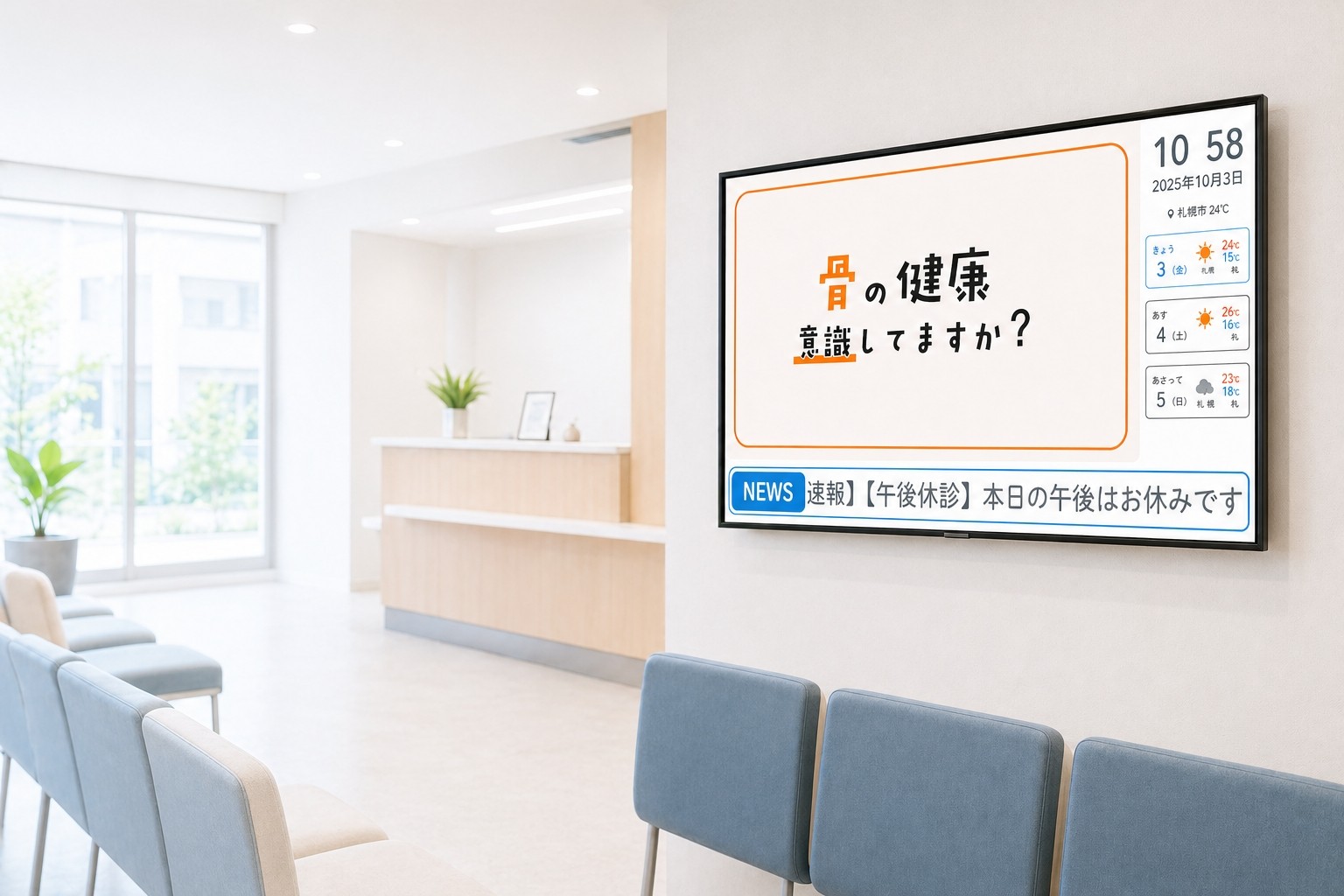 待合室の壁面に設置されたDOCTUS Castのサイネージ画面